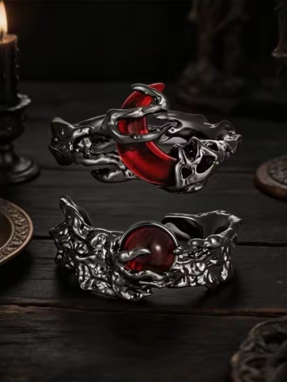 Gothic Silver Ring with Red Gemstone